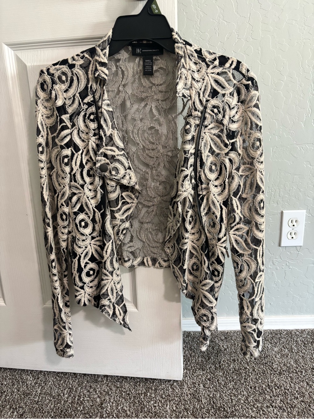INC International Concepts Black and Cream Floral Lace Open-Front Cardigan